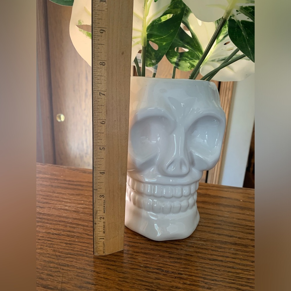 Skull ceramic white vase Variegated monstera leaves bundles halloween - Picture 4 of 9